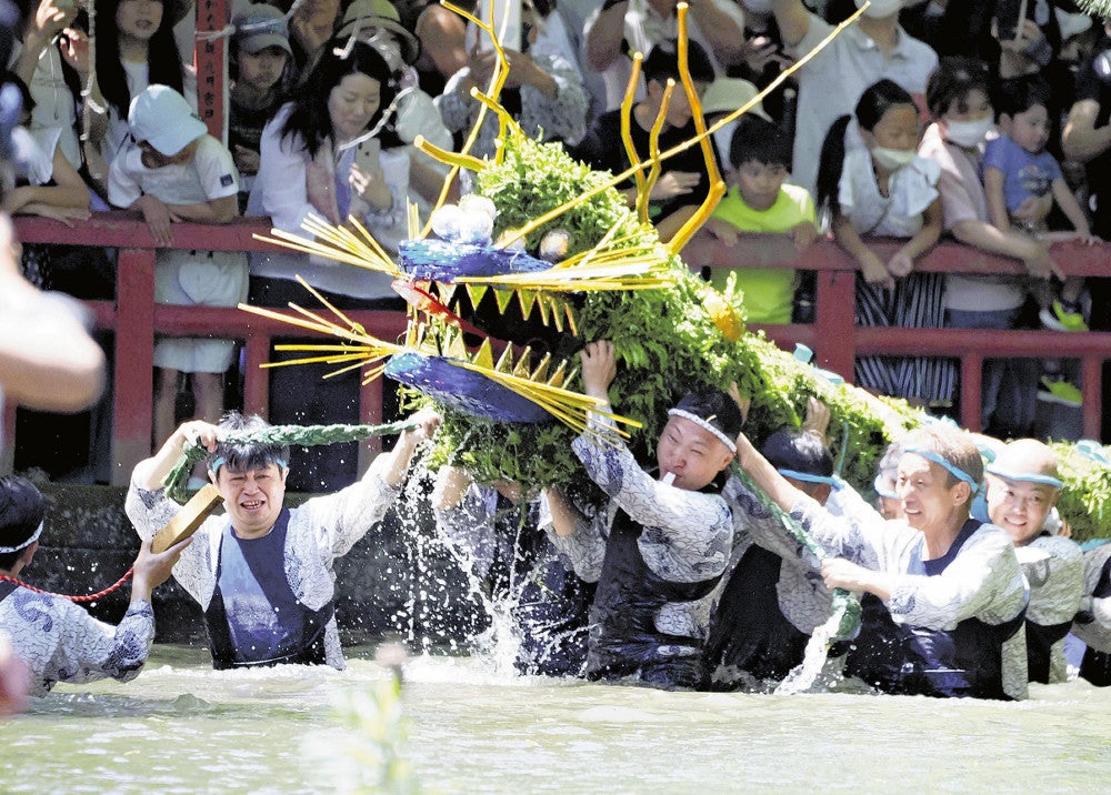 水しぶきを上げながら池を練り歩く蛇体（５日、小山市間々田で）
