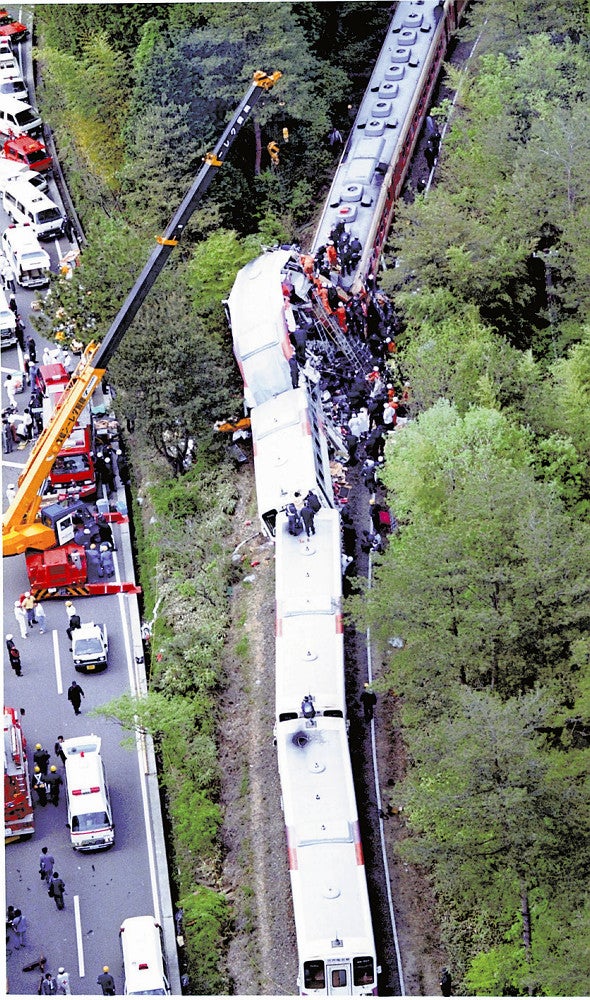 信楽高原鉄道で正面衝突し、大きく盛り上がった車両（１９９１年５月１４日、本社ヘリから）