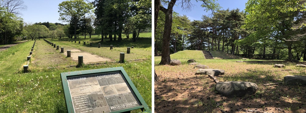 左＝北東部にある堀立柱式の建物跡、右＝多賀城廃寺跡にも風情がある