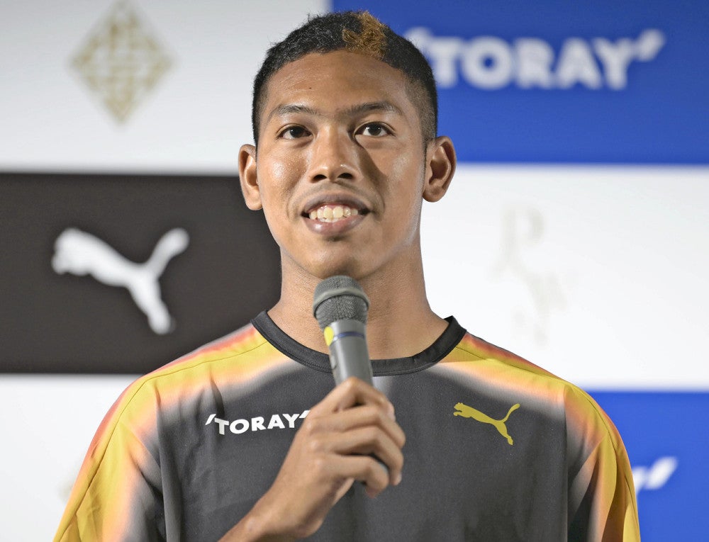 記者会見する陸上・短距離のサニブラウン・ハキーム（１６日）＝池谷美帆撮影