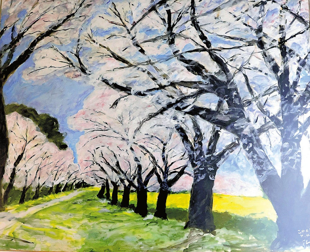 西都原の桜を描いた弥勒さんの絵（西都市提供）