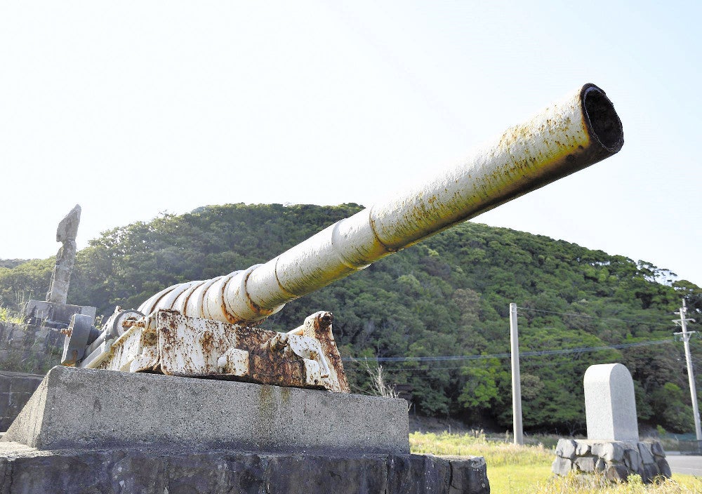 沖合いに向けられた大砲。至る所に赤さびが見える（対馬市上対馬町で）