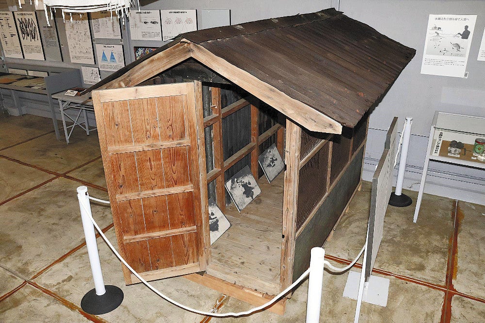 水俣病歴史考証館で展示されている「ネコ実験の小屋」