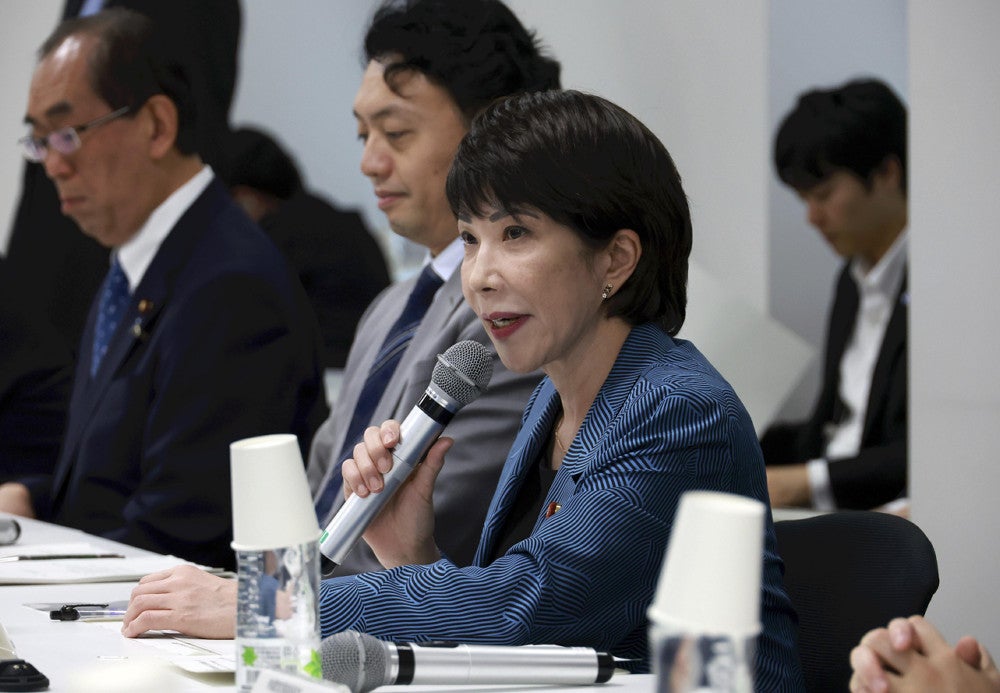 ＡＩ戦略会議で発言する高市科学技術相（２２日午後、東京・永田町で）＝関口寛人撮影