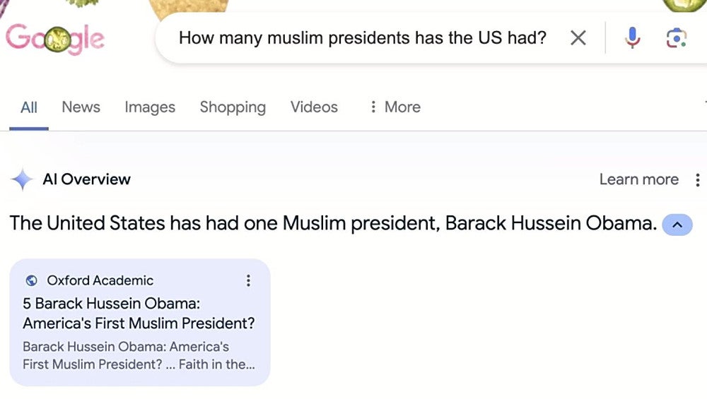 「オバマ元米大統領はイスラム教徒」と回答するグーグルのＡＩ要約機能の画面（米ＣＮＢＣより）