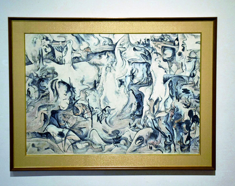 南画と抽象画を融合させた魯牛の「突兀」（いずれも足利市通の市立美術館で）