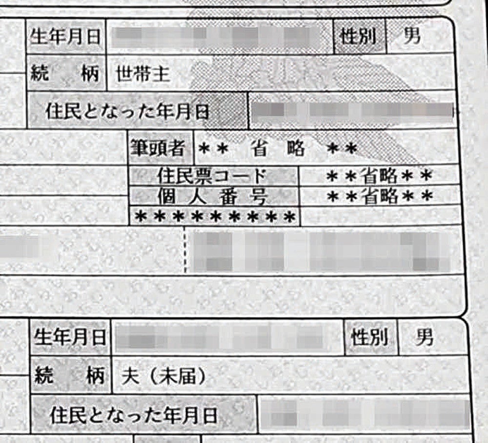 交付された住民票（画像を一部修整しています）＝松浦さん、藤山さん提供