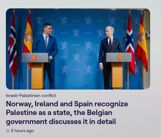ノルウェー、アイルランド、スペインがパレスチナを国家として承認、ベルギー政府が詳細協議