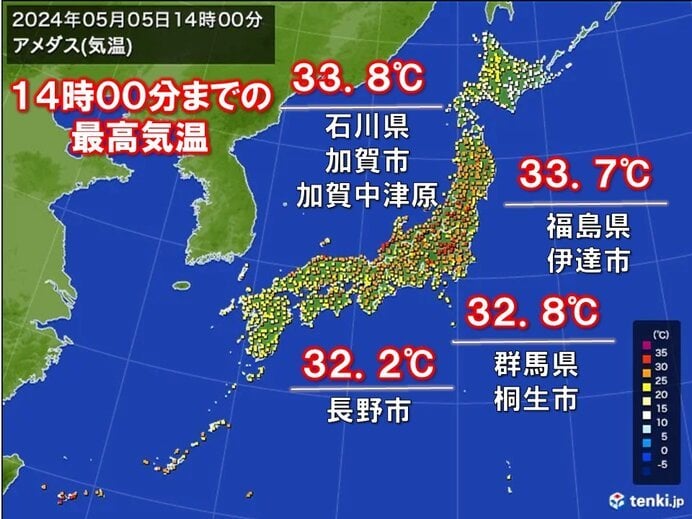 今年初の真夏日100地点以上 石川県で33.8℃ 全国の今年最高気温を更新(気象予報士 日直主任 2024年05月05日) - tenki.jp