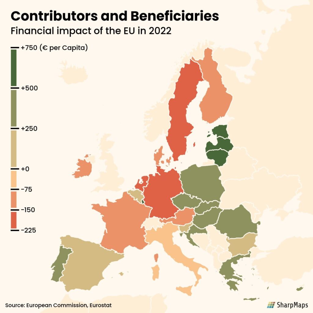 これは、各加盟国が EU にどれだけ貢献しているか、または EU から受け取っている金額です。 [OC]