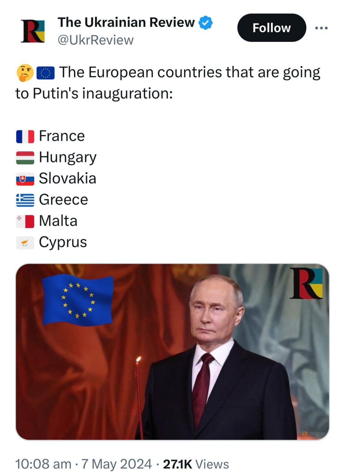 EU諸国がプーチン大統領就任式に向かう