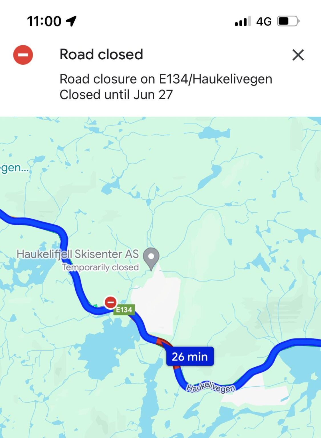 ベルゲンまで車で行くと、Google マップで E134 は通行止めになっていますか? 何をするか？