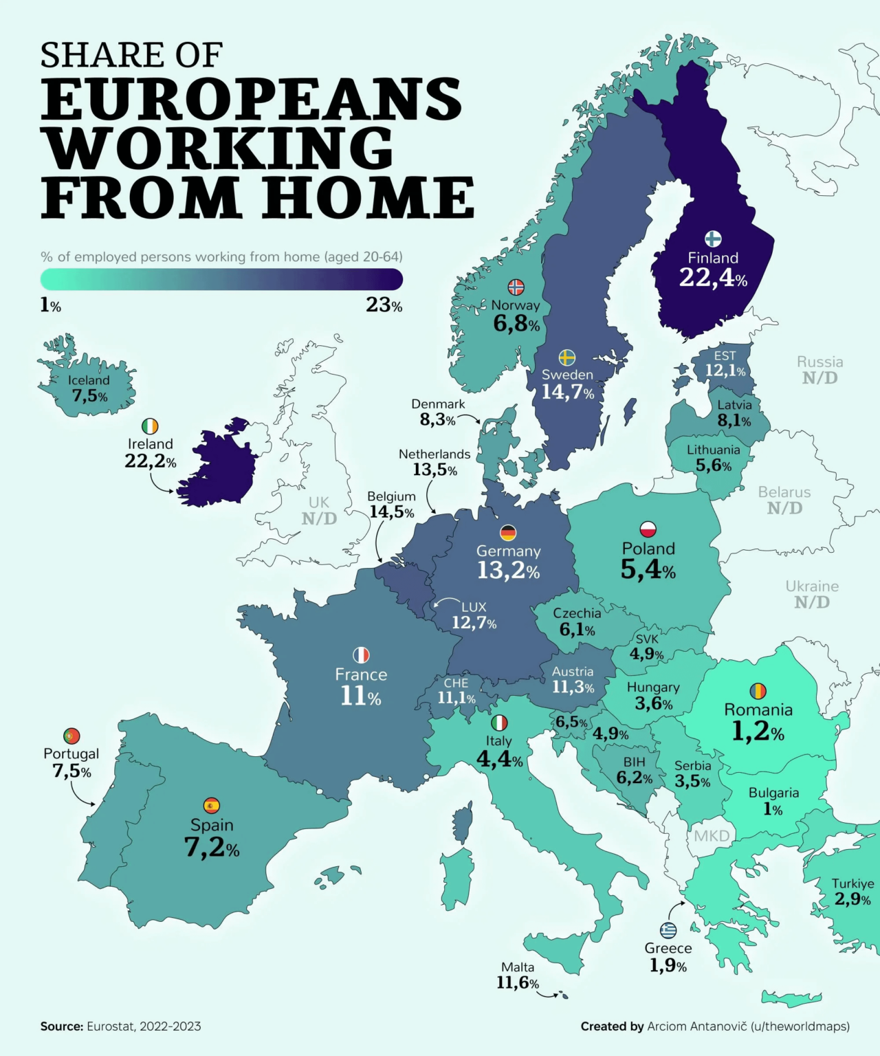 在宅勤務: EU の就業者のうち在宅勤務をした人の割合。