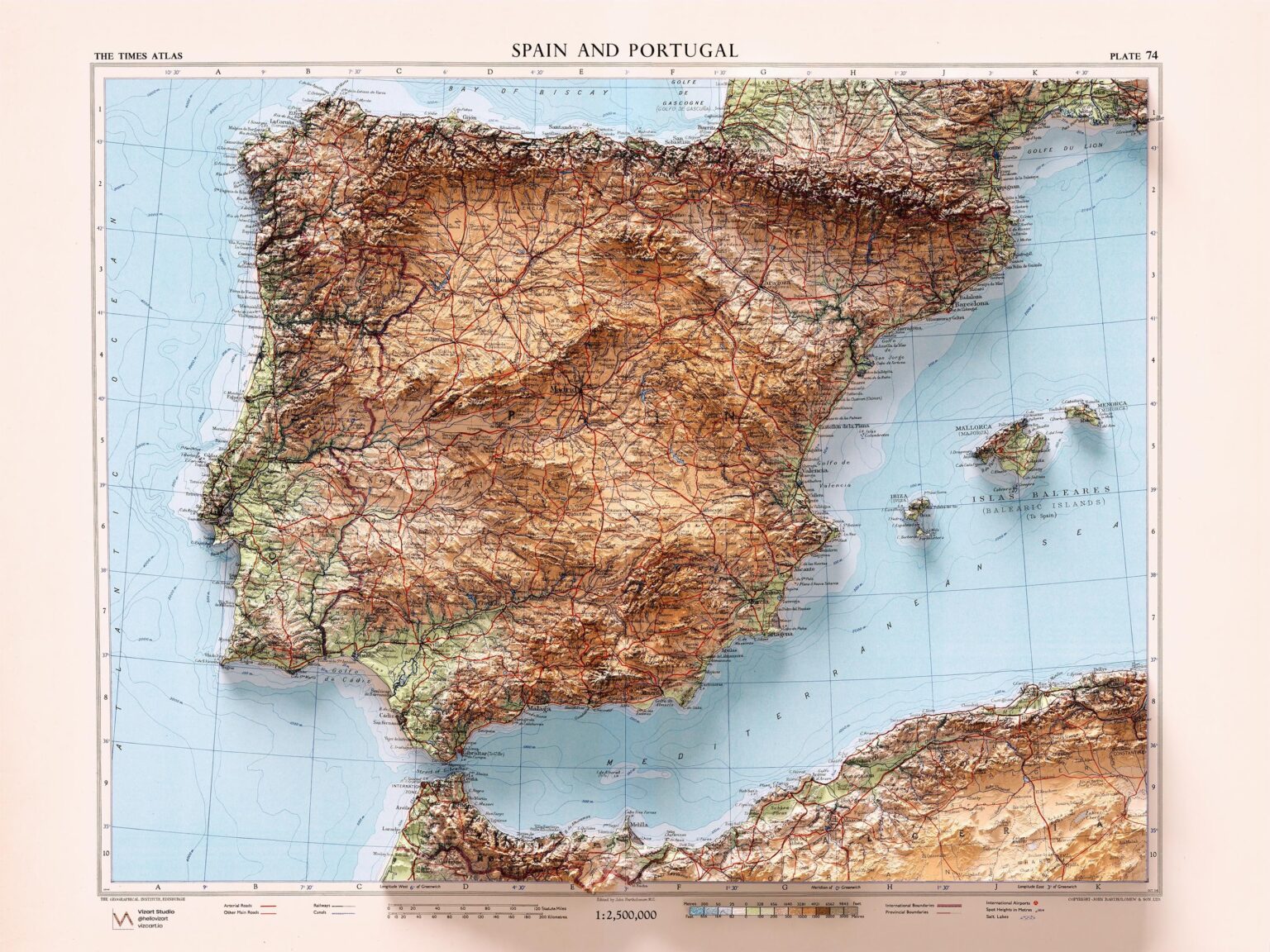 イベリカ半島の陰影起伏地図 (1956 年の地図より)