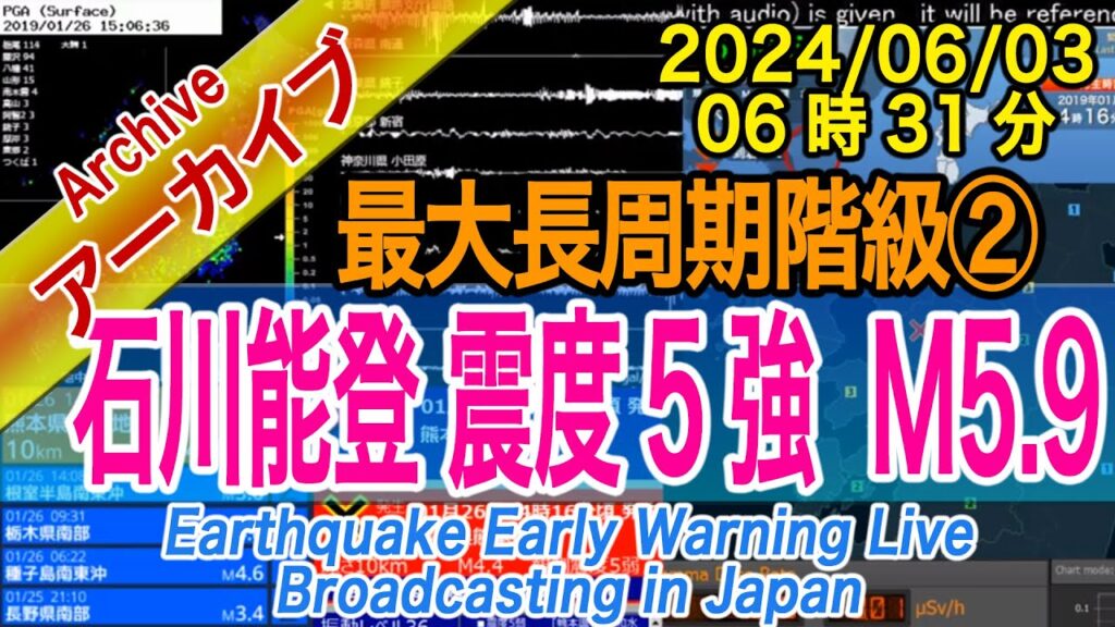 石川・能登半島　最大震度５強　M5.9　最大長周期階級【２】2024/06/03（06：31）　40分の間に数回有感地震
