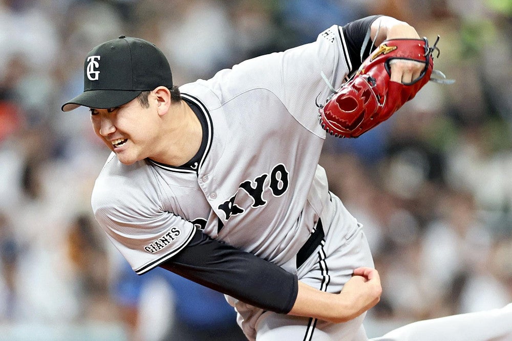 ７回無失点で５勝目を挙げた菅野（２日）＝黒瀬祐生撮影