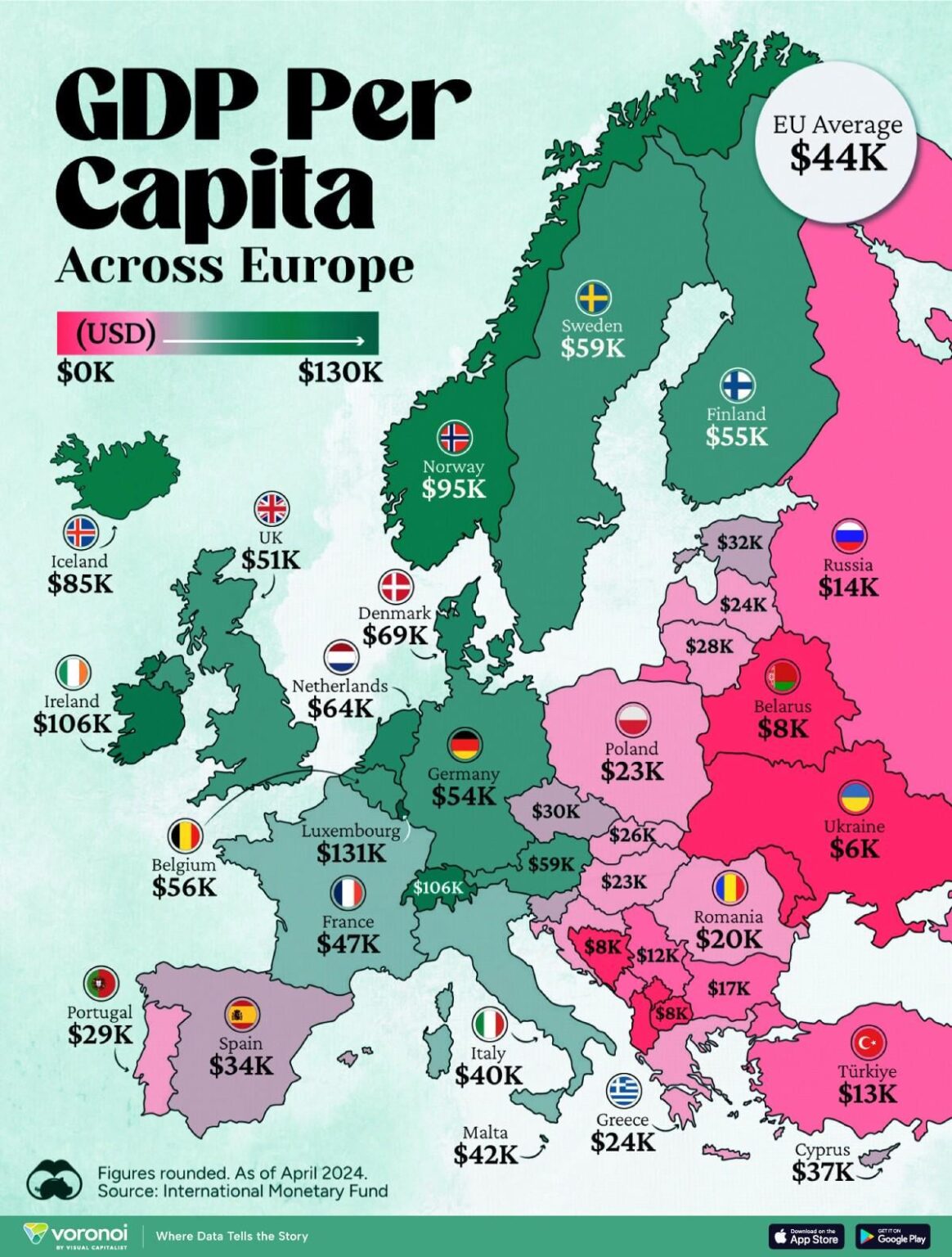 2024 年のヨーロッパ諸国の一人当たり GDP (visualcapitalist.com)