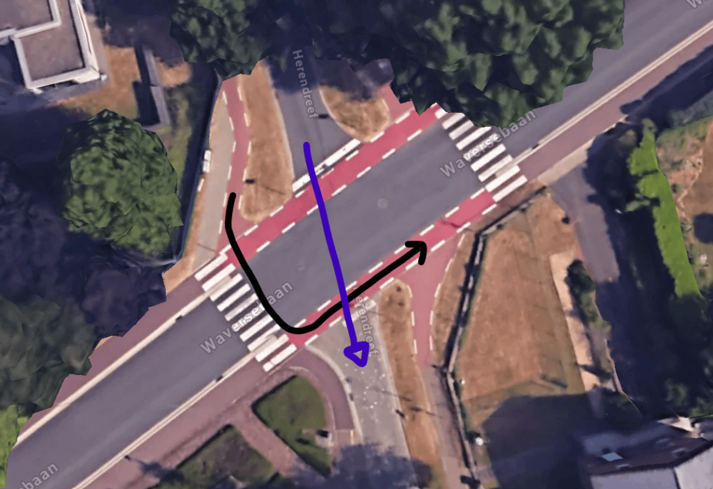 この状況では誰が優先ですか？  （青：車、黒：自転車）