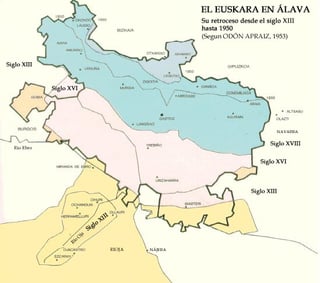 世紀ごとに進むバスク地方アラバのスペイン語化。1973 年までに、バスク語を話す人は州全体で 400 人程度しか残っていませんでした (バスク語が完全に消滅することはなかったアラマイオの町を除く)。今日では、70,000 人以上 (人口の 23.5%) が話しています。