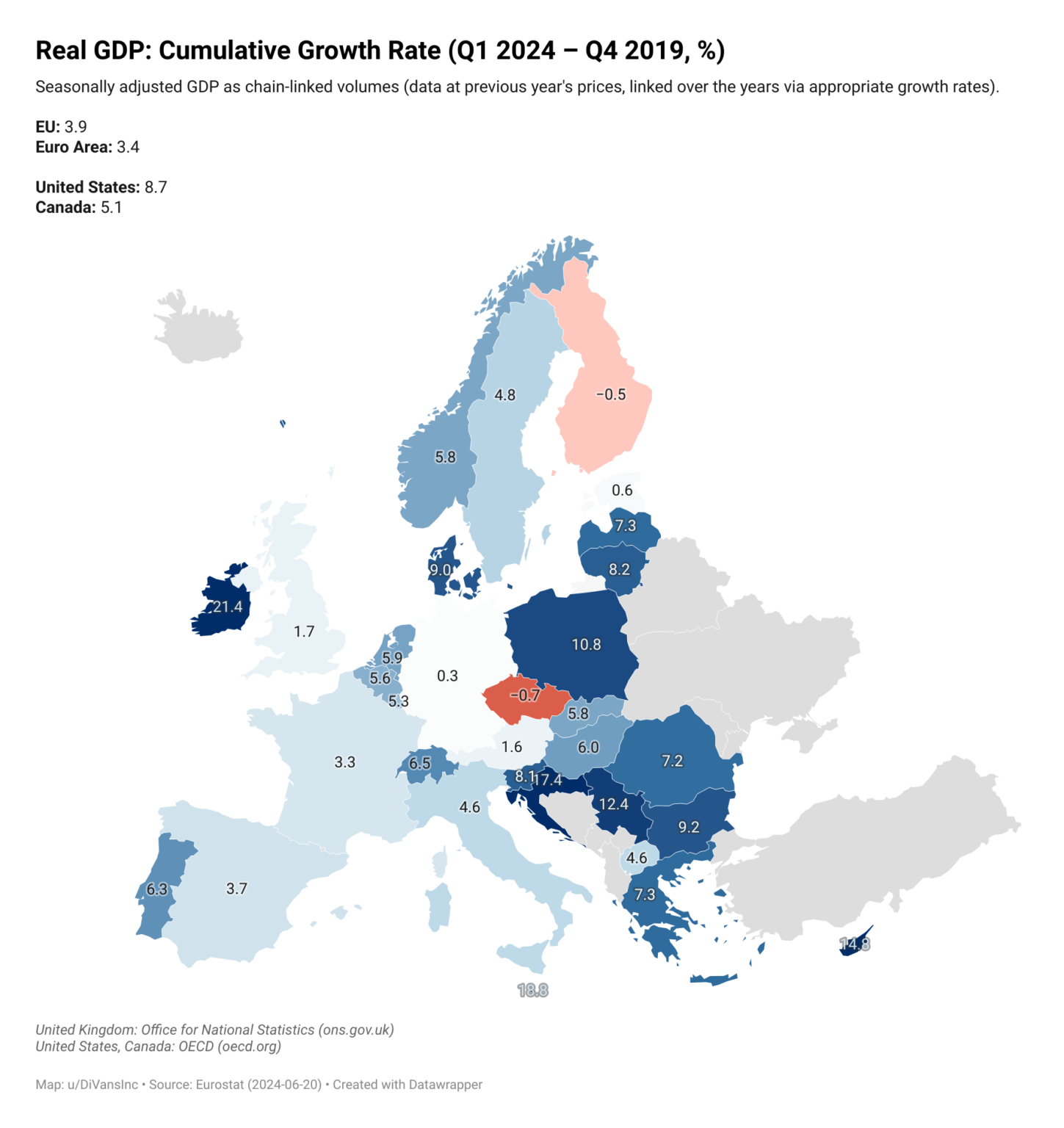 実質GDP: 累積成長率 (2024年第1四半期 – 2019年第4四半期、%)