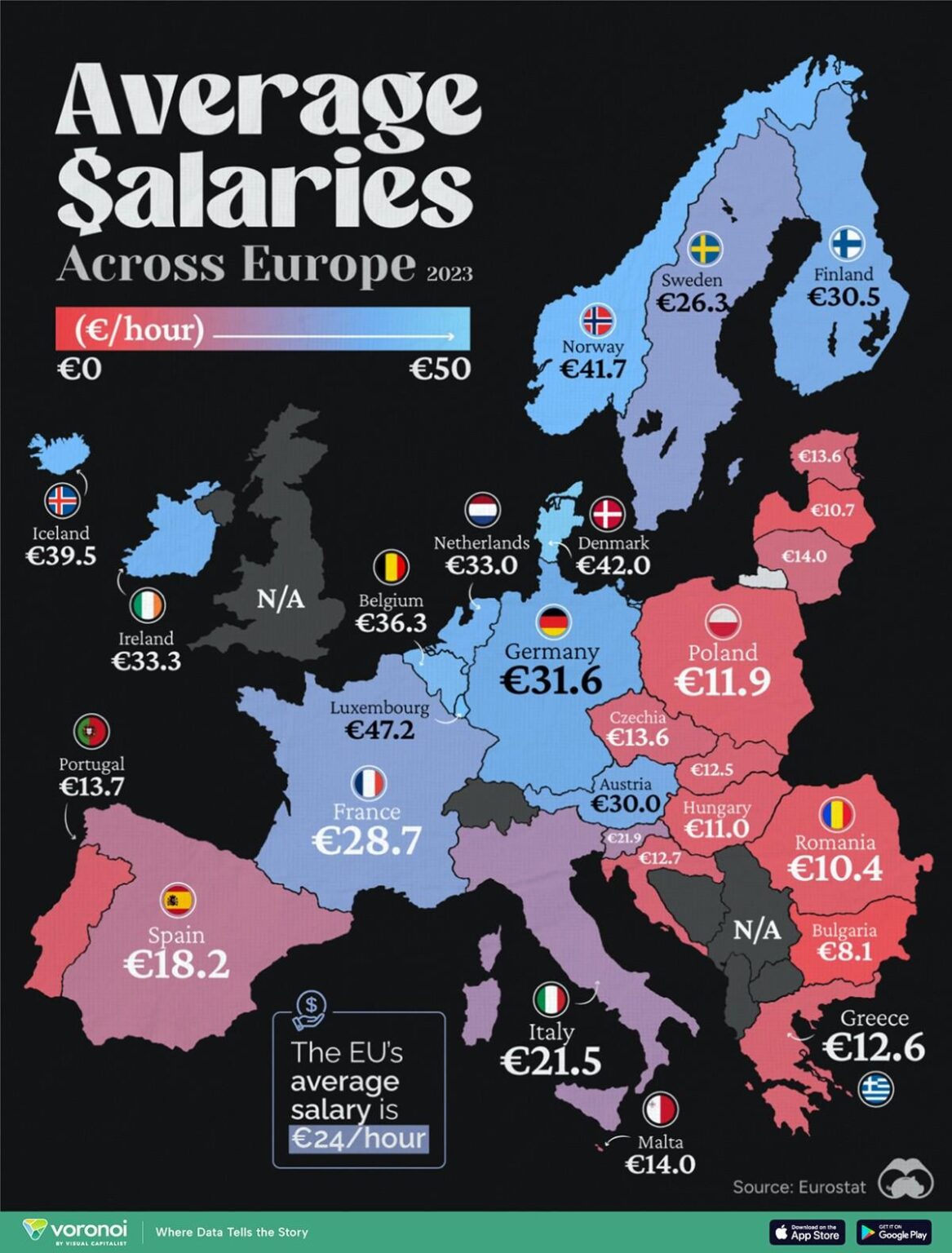 2023 年のヨーロッパ全体の平均給与 (visualcapitalist.com)