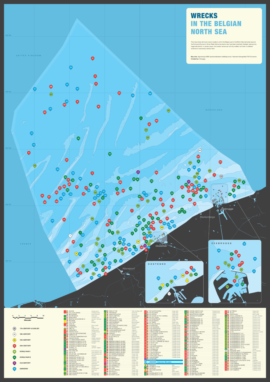 ベルギー海域にあるすべての難破船の地図がこれです。