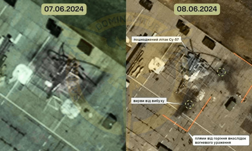 ❌ Su-57が初めて攻撃を受けた。2024年6月8日、侵略国のSu-57多目的戦闘機が、戦闘線から589キロ離れたロシア連邦アストラハン地域のアフトゥビンスク飛行場の領域で攻撃を受けた。出典：TG / DIUkraine