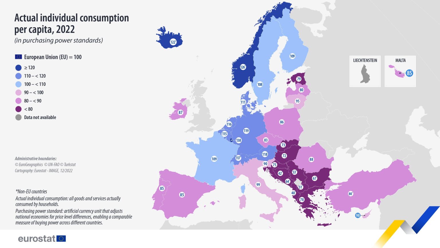 一人当たり個人消費の中央値 EU ユーロスタット (富の最も強力な指標) 2022