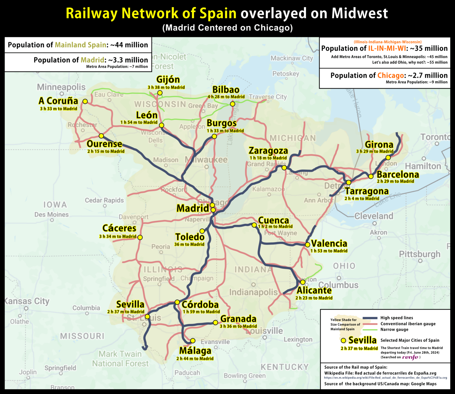 スペイン鉄道網を中西部に重ねると、シカゴからデトロイトまで 2 時間、シカゴからミネアポリスまで 3.5 時間で移動できるようになります。