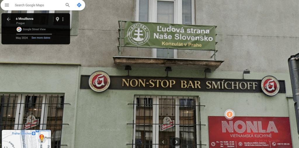 誰かがプラハのスロバキア領事館を探しているとしたら、Moulíkova 6, Prague Smíchov。  https://maps.app.goo.gl/ukGVKSdmKQgG6mXc8 注: この場所は長い間存在していましたが、Google ストリート ビューでのみ公開されたのは、Google が再びプラハの写真を撮影した 2024 年 5 月以降です。