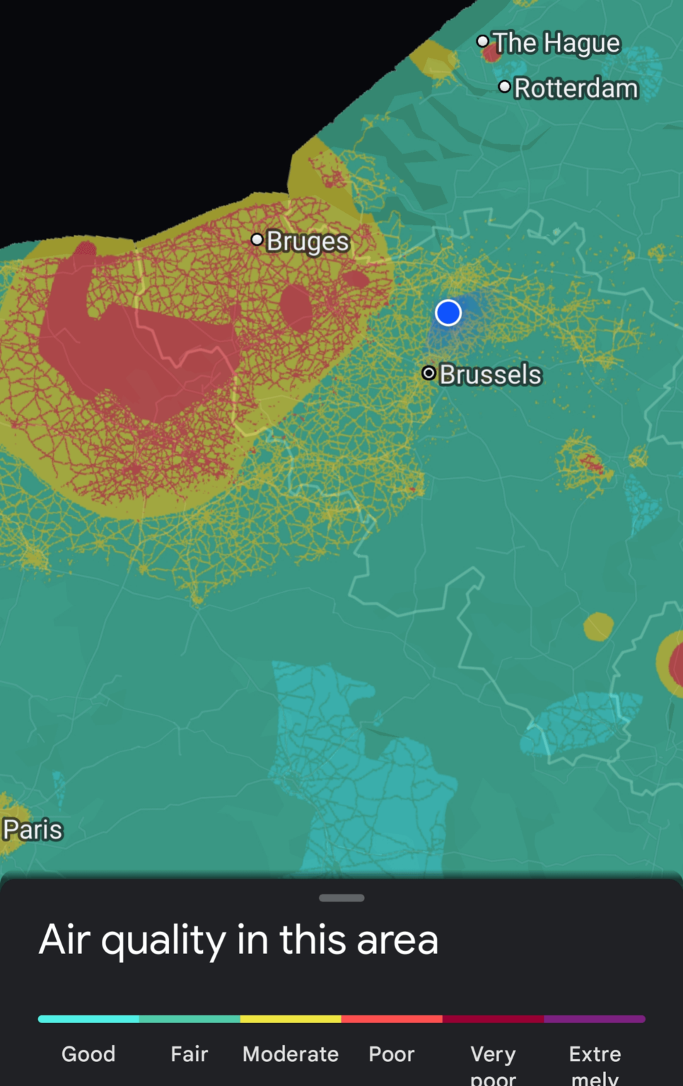 ベルギー（およびフランス）の人口の比較的少ない地域で、一見ランダムに AQI が低くなっているのはなぜでしょうか?