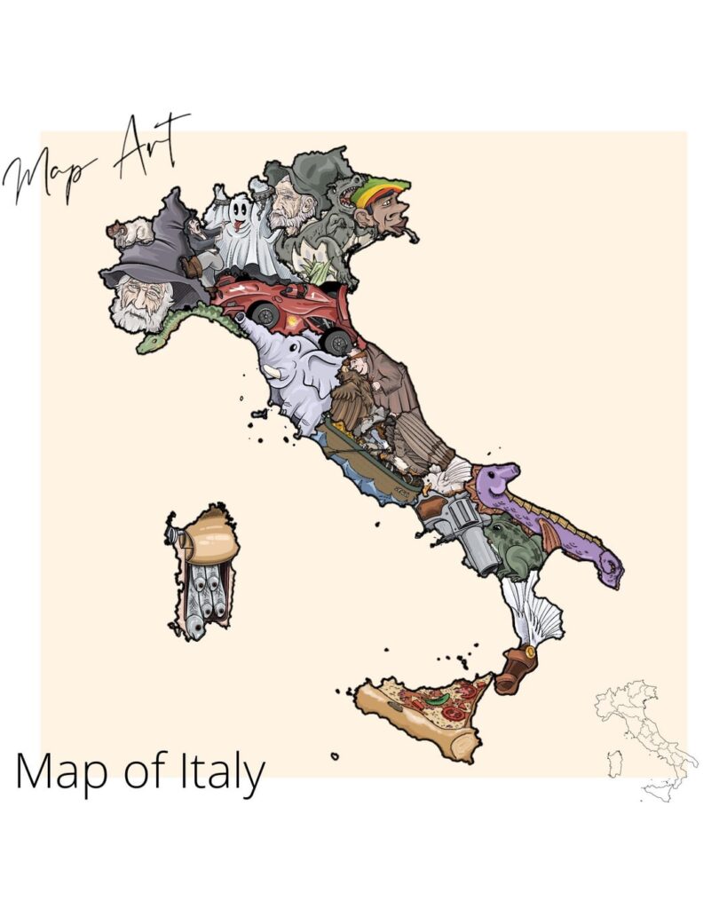 イタリアはブーツのように見えますが、各地方はどのようになっているのでしょうか? イタリアの地方の形を図解しました。特にカンパニア州の地図では、形がそのように見えるだけです。