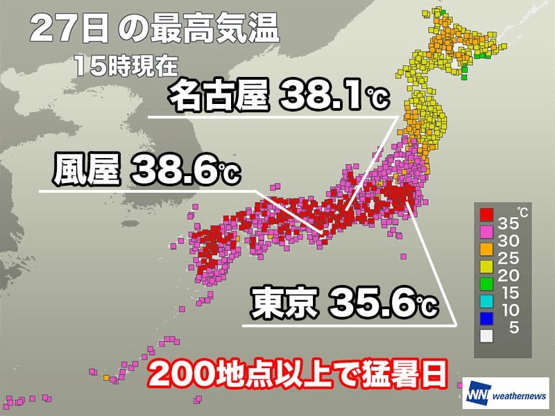 暑さ厳しく200地点以上で猛暑日 明日も西日本から関東で危険な暑さ