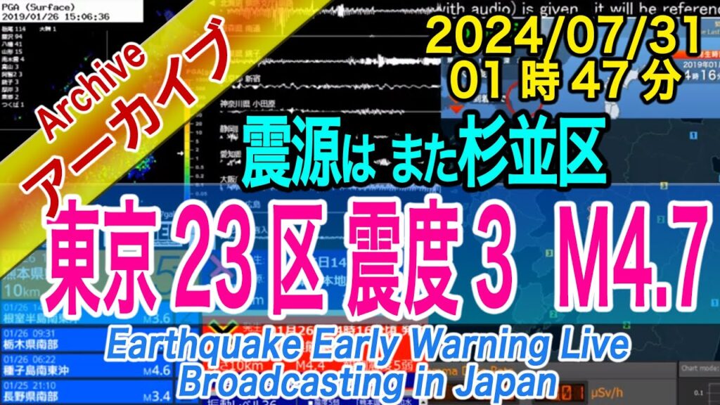 東京23区　杉並区震源　最大震度３  M4.7　2024/07/31（01：47）