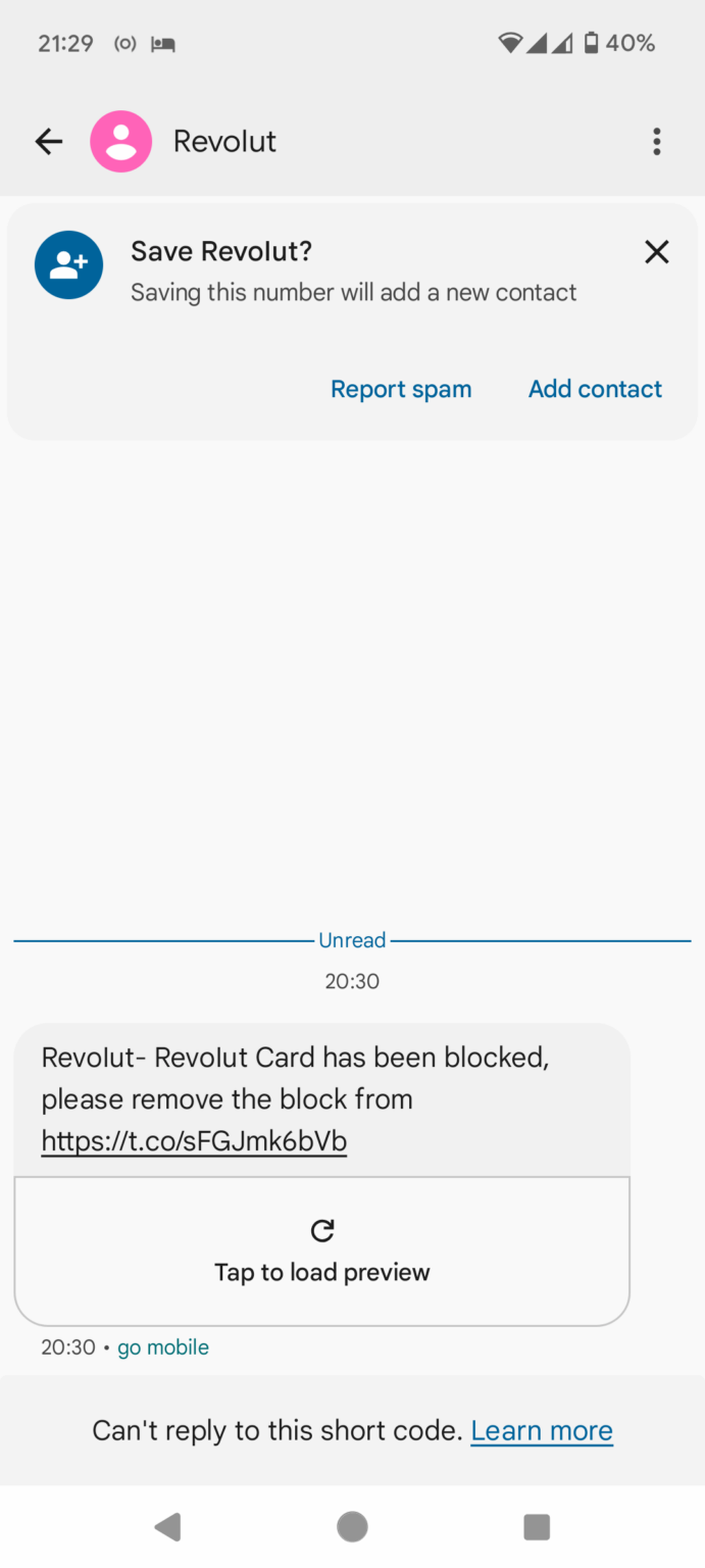 注意: Revolut 詐欺 SMS