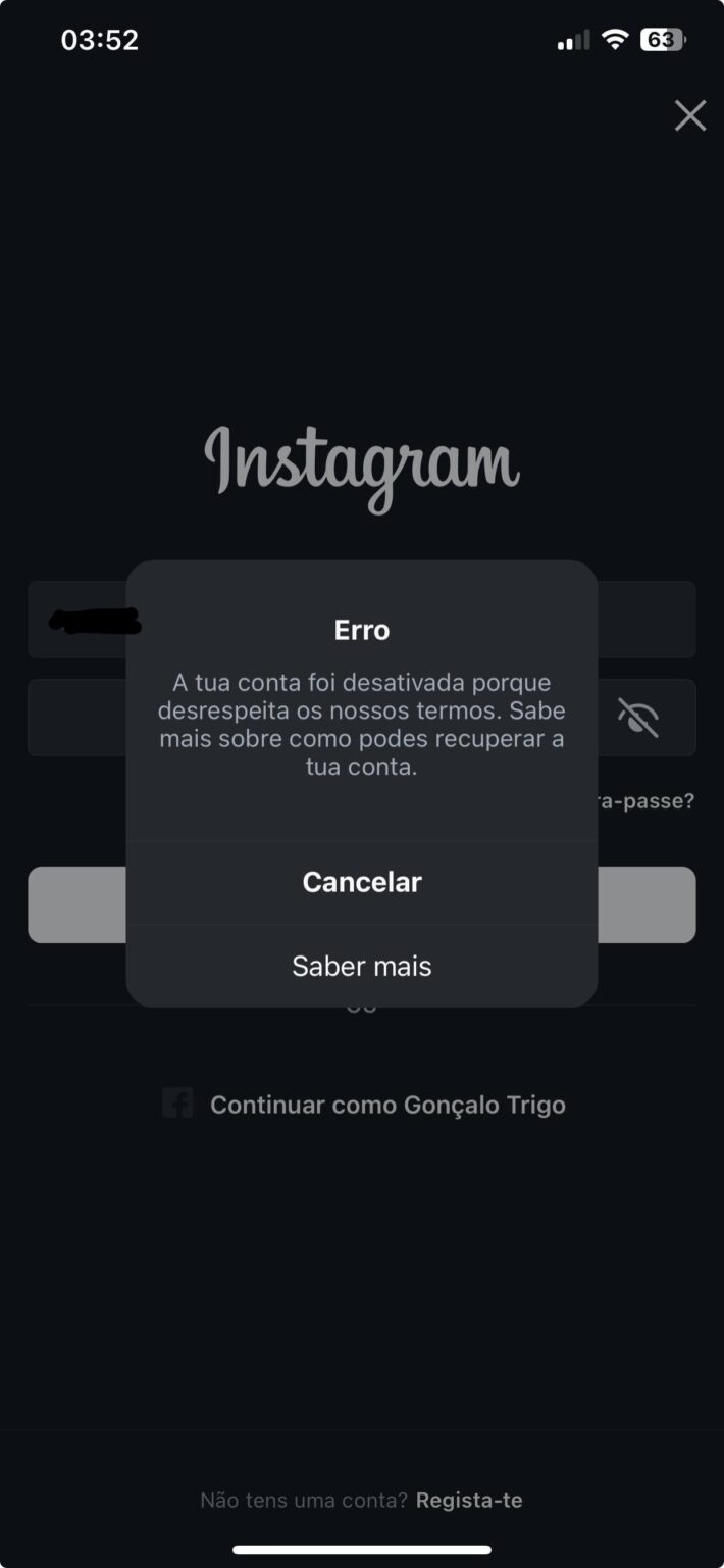 Instagramアカウントが無効化されました