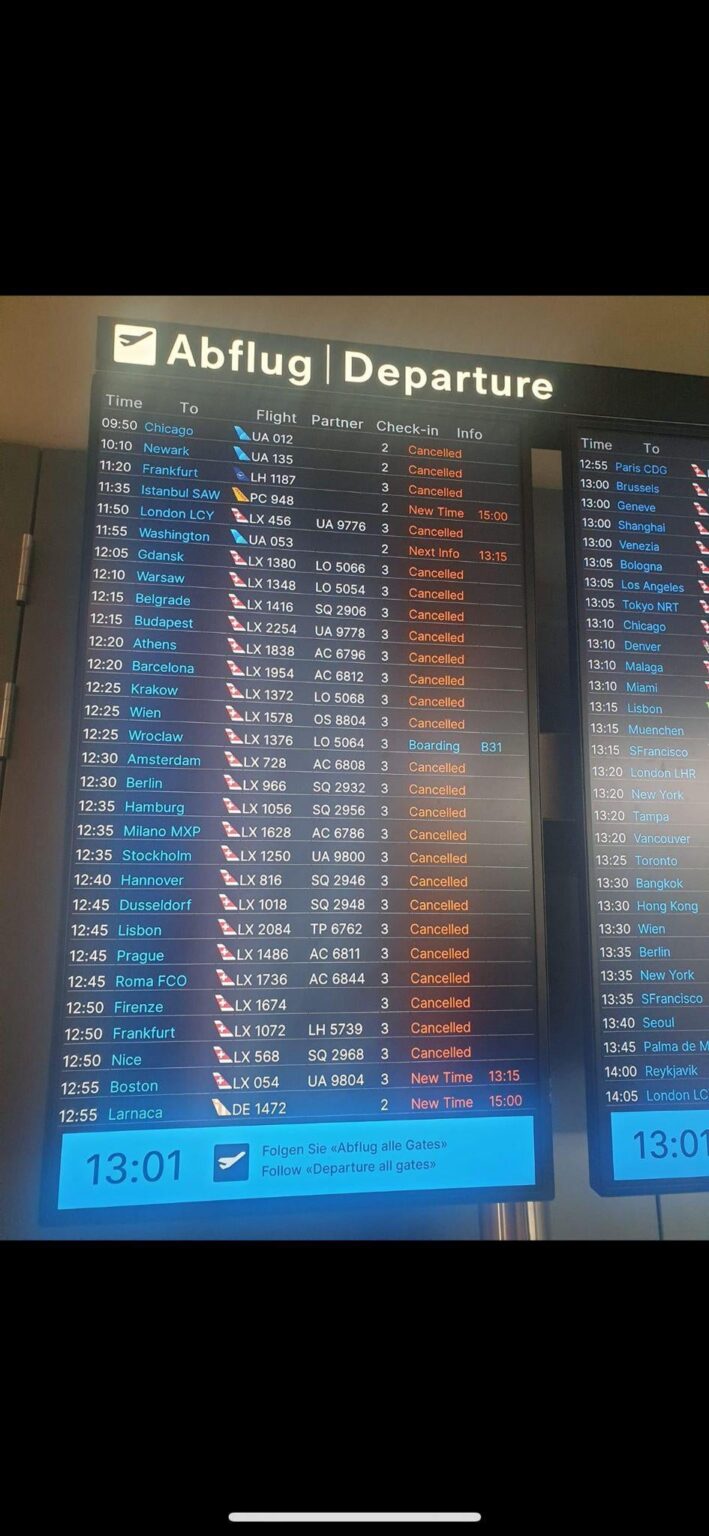 チューリッヒ空港で大量のフライトが欠航。