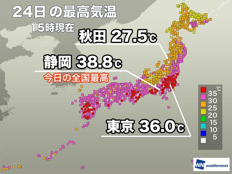 関東から西の太平洋側で猛暑日 静岡で全国最高の38.8℃