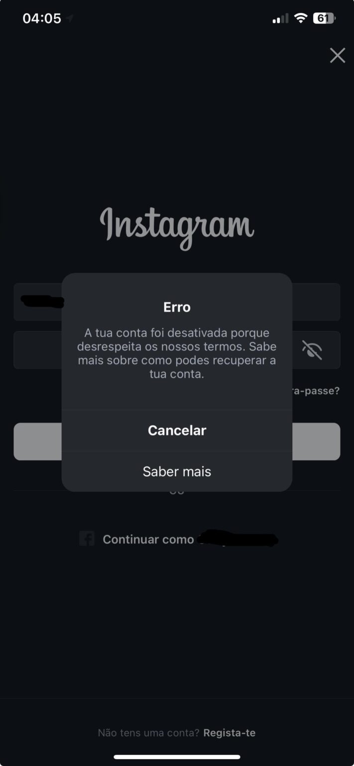 Instagramアカウントが無効化されました