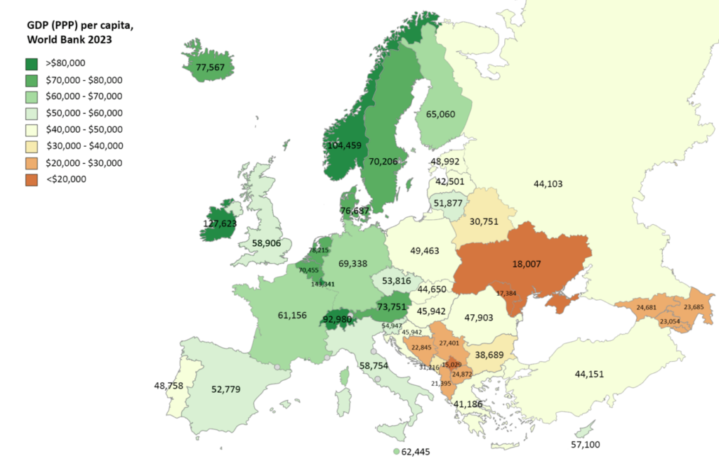 ヨーロッパ各国の一人当たりGDP（購買力平価）（世界銀行が最近発表した数字）