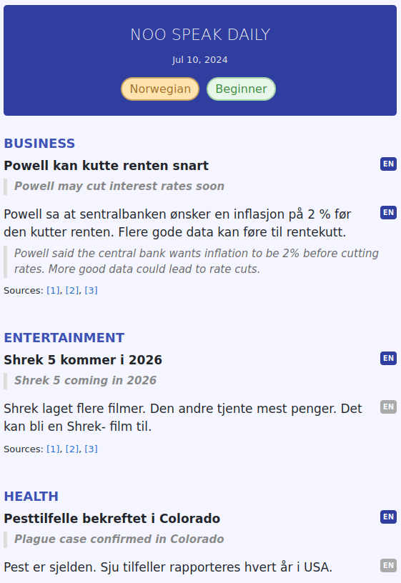 選んだトピックに関する簡単な毎日のニュースでノルウェー語を練習するための無料ニュースレターを作成しました (noospeak.com)