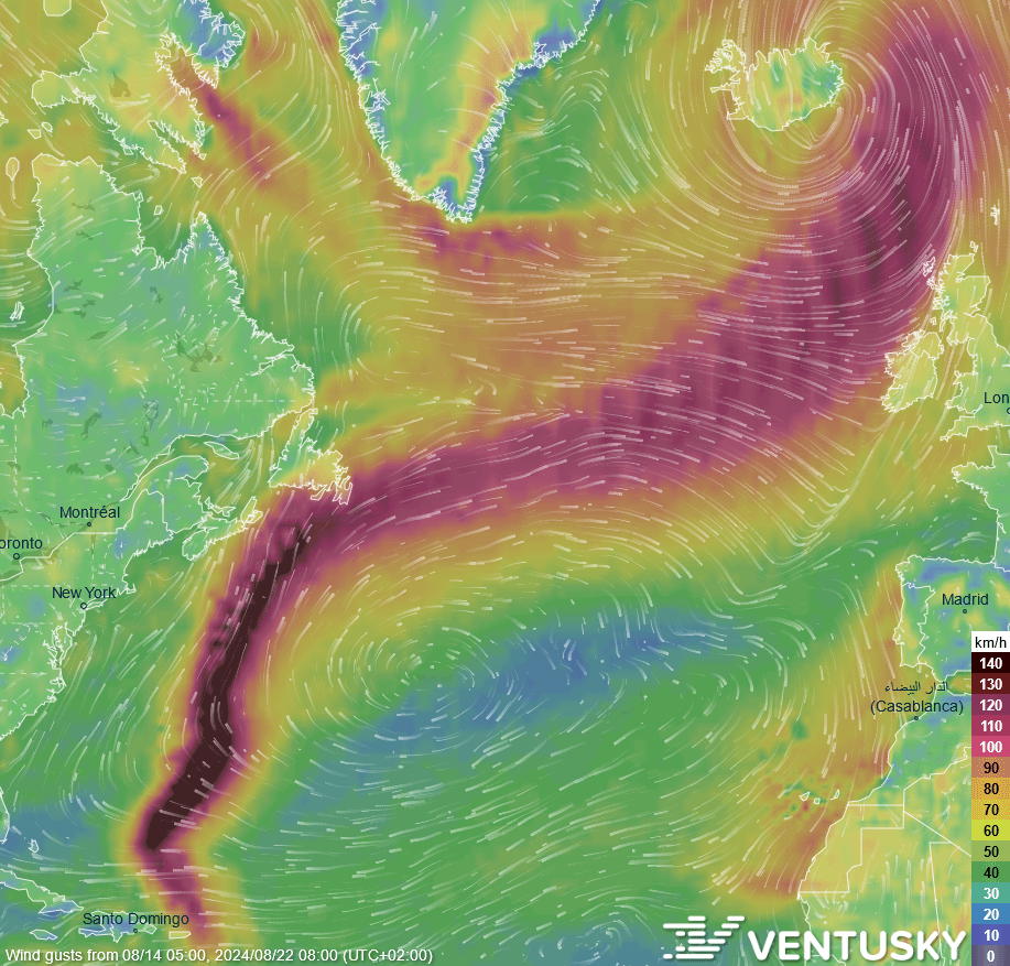 ハリケーン エルネストの予測進路は、1 週間以内に極地系としてアイスランドに到達することを示しています (Ventusky.com)