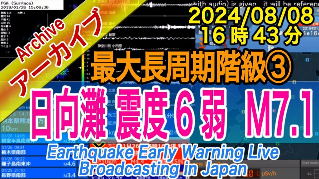 日向灘　最大震度６弱 M7.1　最大長周期階級【３】2024/08/08（16：43）