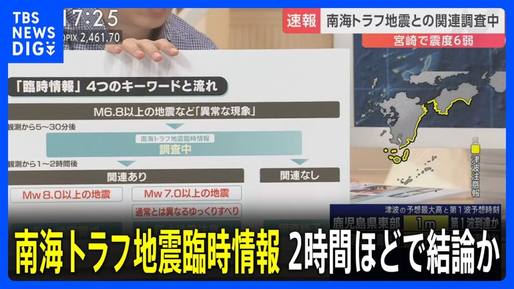 南海トラフ地震臨時情報　2時間ほどで結論か 「ものすごい地震が起きる前提の調査ではないが、普段より意識して備えを」 宮崎・日南市で震度6弱【宮崎・高知などに津波注意報】