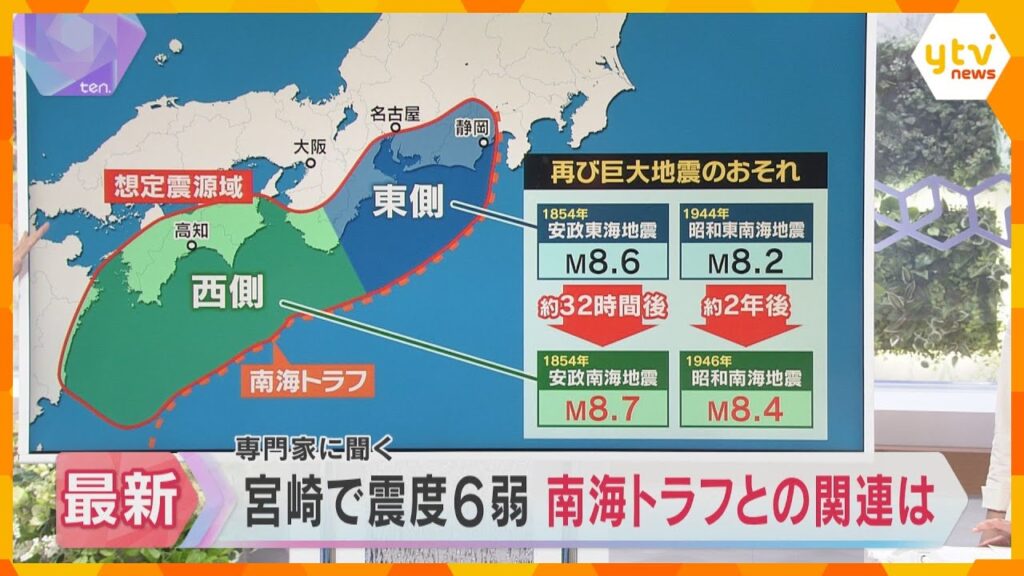 宮崎で震度6弱 南海トラフ地震との関連は? 南海トラフ臨時情報発表 宮崎で震度6弱 南海トラフ地震との関連は? 南海トラフ臨時情報発表