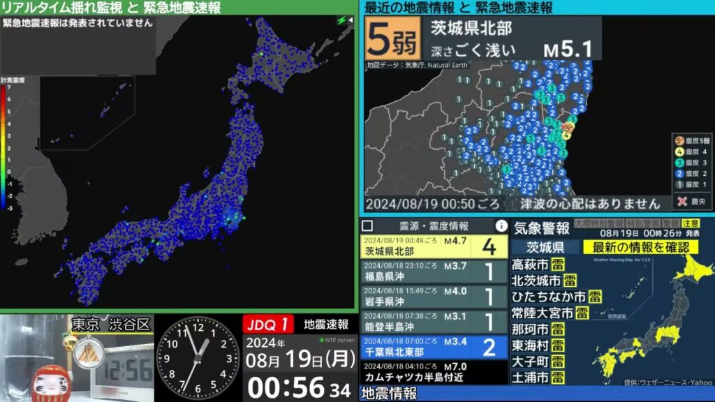 【強い地震】茨城県北部　震度５弱　M5.1（2024/8/19 0:48ごろ　切り抜きアーカイブ）