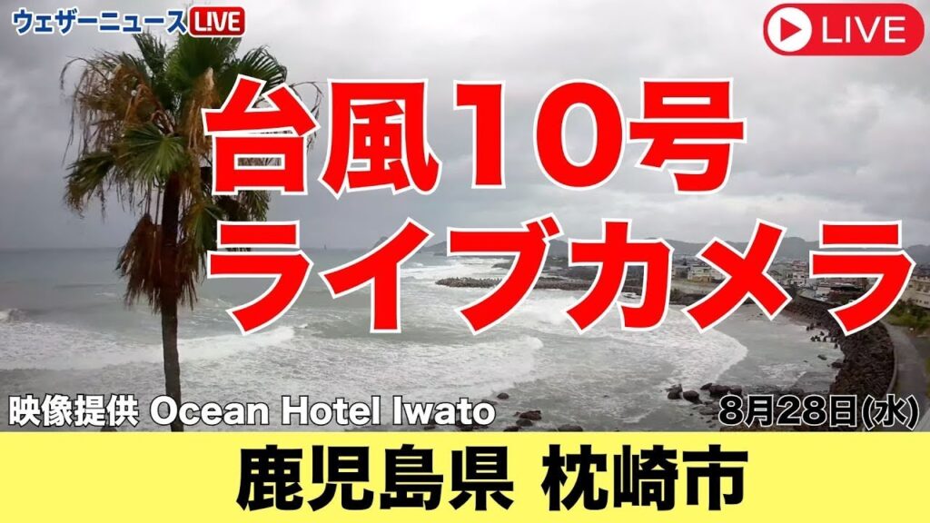 【#台風10号 #ライブカメラ 】鹿児島県枕崎市／ 非常に強い台風10号　最盛期で九州に接近　2024年8月28日（水）＜ヤッシーの様子＞