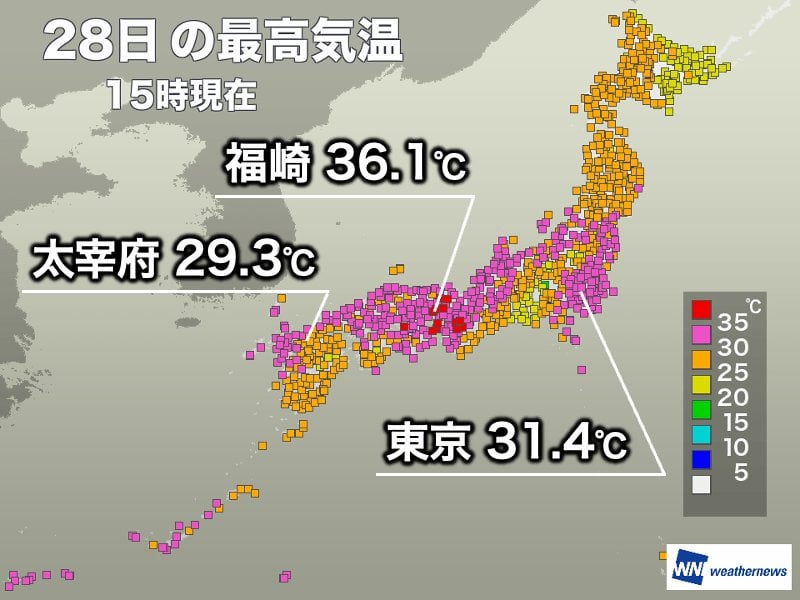 雨の範囲が広がり暑さ和らぐ 猛暑日地点数はわずか13地点に