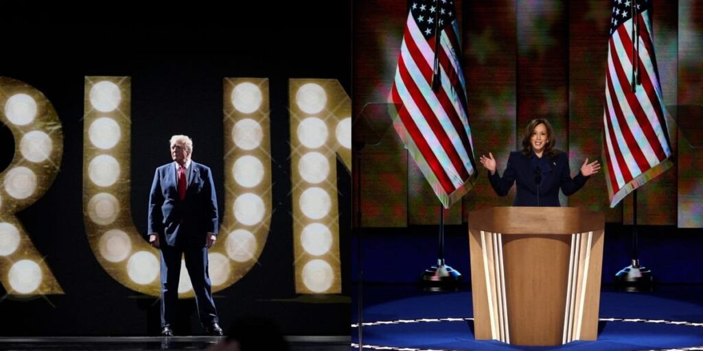民主党全国大会での聴衆のプラカードやスローガンはすべてアメリカに関するものだった。共和党全国大会ではトランプショーだった。
