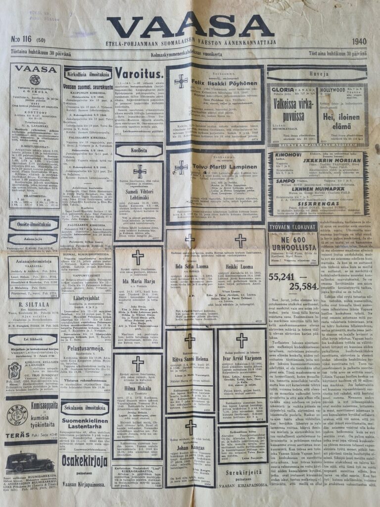 古い新聞が好きな人のための、1940 年 4 月 30 日のヴァーサの古い新聞。